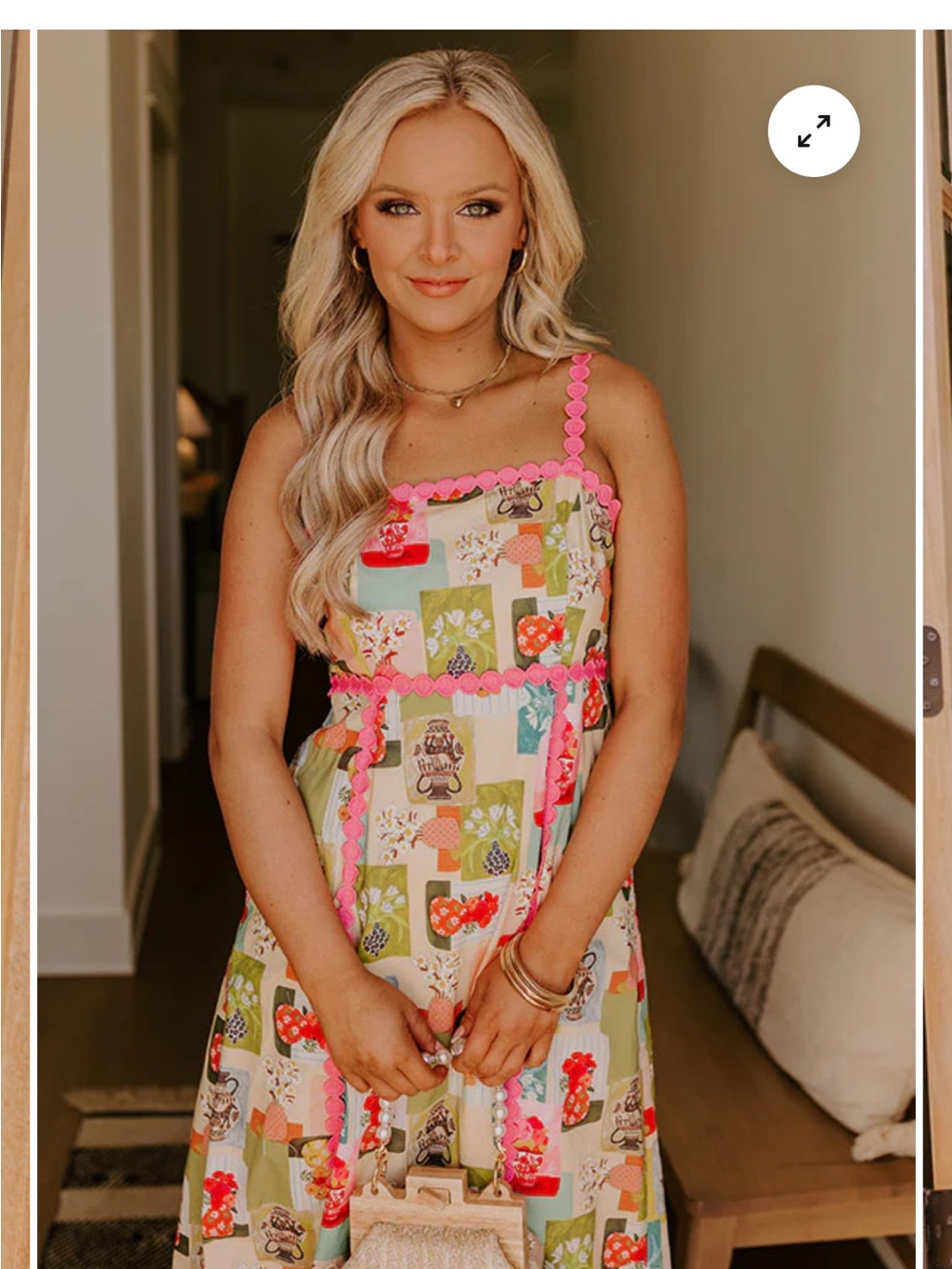 ✨ NWT Entro Boho Abstract Floral Vase Print Midi Dress w/ Pink Trim Size M ✨